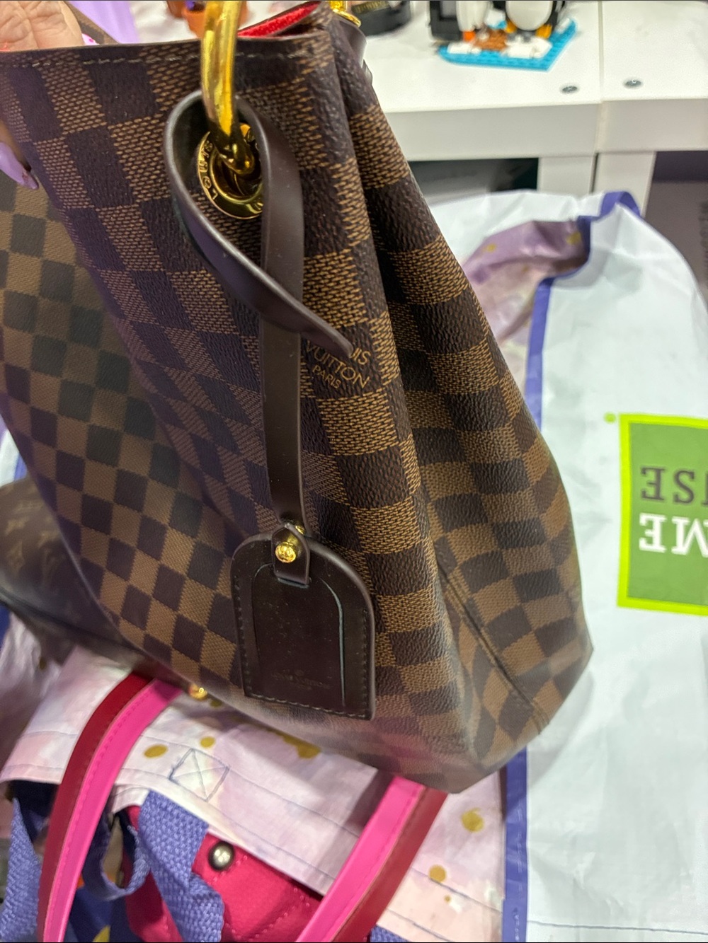 Source Unknown Brown Checkered Tote with Gold Hardware - Picture 5 of 6